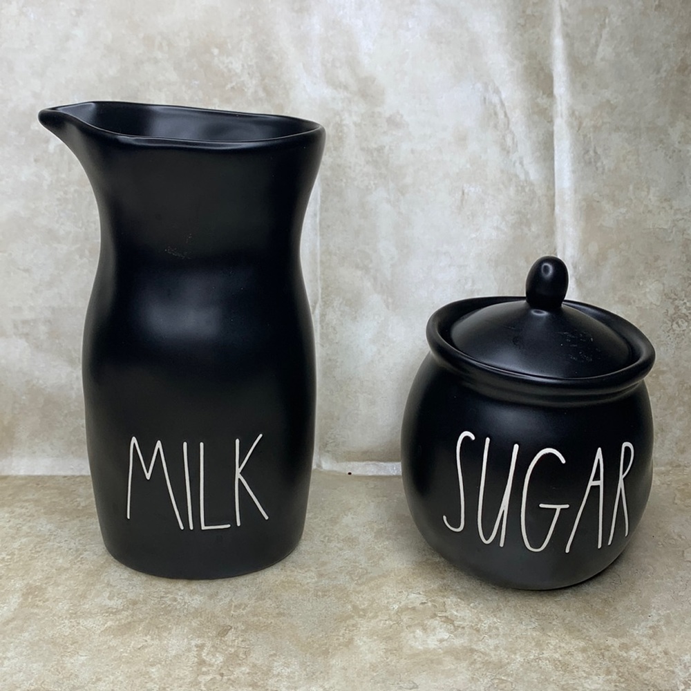 Rae Dunn Round Black SUGAR 5” Canister and MILK carafe pitcher Farmhouse